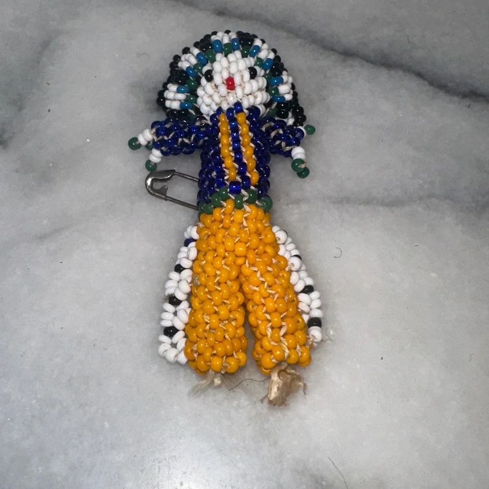 Vintage Handcrafted Indian Beaded Doll Pin Blue Yellow Seed Bead Folk Art Brooch